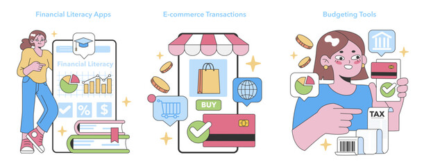 Financial Empowerment Tools set. Illustrates financial literacy apps, e-commerce transactions, and budgeting tools. Enhancing fiscal understanding. Flat vector illustration.