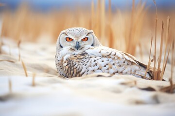 snowy owl resting beside animal tracks in the snow