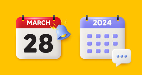 Calendar date 3d icon. 28th day of the month icon. Event schedule date. Meeting appointment time. 28th day of March month. Calendar event reminder date. Vector