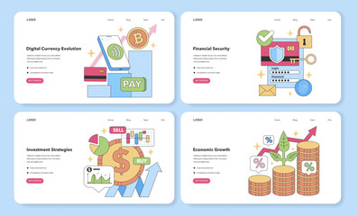 Financial visions web or landing. Exploring digital currency, securing finances, investment options, economic advancement. Flat vector illustration.