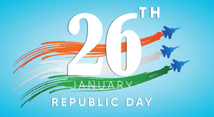 happy republic day India vector poster with air jet Indian flag color smoke - obrazy, fototapety, plakaty