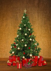 Big beautiful green christmas tree with decor