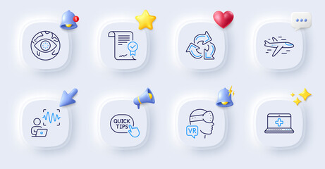 Voice wave, Recycle and Medical help line icons. Buttons with 3d bell, chat speech, cursor. Pack of Approved agreement, Airplane, Augmented reality icon. Quick tips, Cyber attack pictogram. Vector