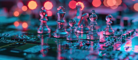 Neon-lit chess pieces on a circuit board represent AI.