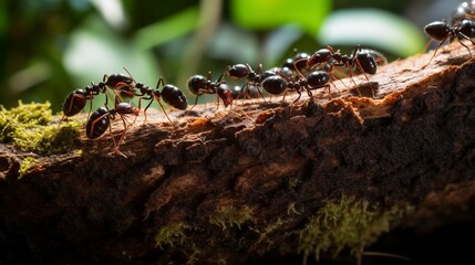 A line of ants working diligently, carrying food to their nest. - obrazy, fototapety, plakaty