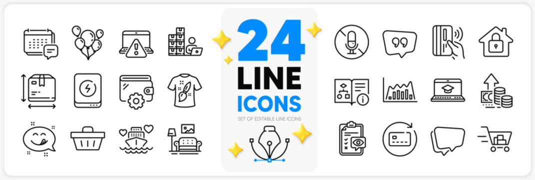 Icons set of Wallet, Renew card and Shopping basket line icons pack for app with Technical algorithm, Inventory, Lock thin outline icon. Power bank, Shopping cart, Box size pictogram. Vector