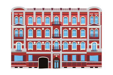 A colorful multi-storey house with windows, balconies and doors in a flat style, isolated on a white background. Modern or old houses. Vector illustration