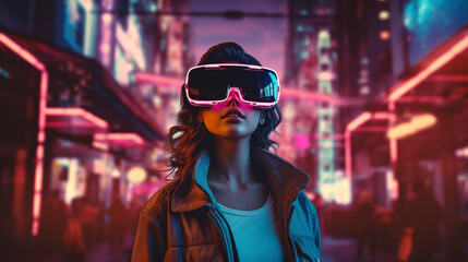 VR Dreamer: Cyberpunk Woman Immersed in Virtual Reality Adventure, Generative AI