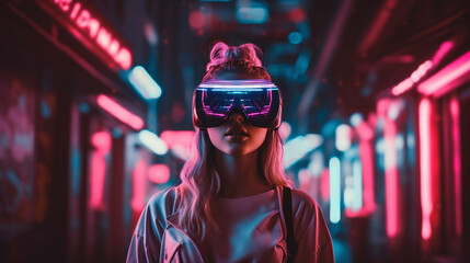 Obraz premium Tech Wonderland: Cyberpunk Femme Fatale with VR Headset, Generative AI