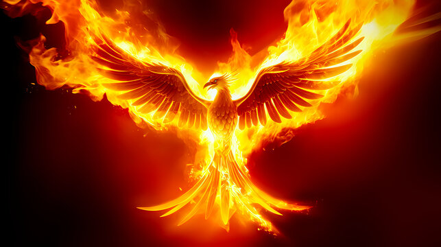 mythical phoenix with fiery wings spread wide, engulfed in flames against a dark background, symbolizing rebirth and power