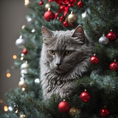 Grey cat and christmas tree