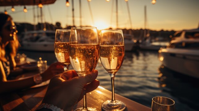 Friends toasting during yacht excursion at sunset
