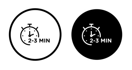2 to 3 Minutes preparation icon set. 2-3 min food oven time vector symbol in black filled and outlined style.