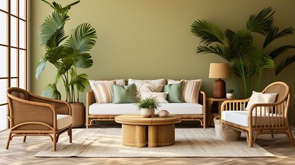 Tropical-themed living room with a rattan sofa and palm leaf decor