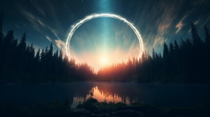 A lunar halo encircling the moon in a dazzling display of natural wonder. - obrazy, fototapety, plakaty