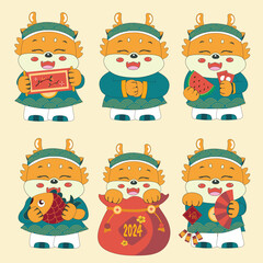 Template layout 2024 Lunar New Year, year of the Dragon banner design with cute little dragon holding iconic objects of Asia culture