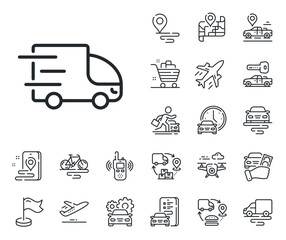 Express service sign. Plane, supply chain and place location outline icons. Truck delivery line icon. Transportation symbol. Truck delivery line sign. Taxi transport, rent a bike icon. Vector