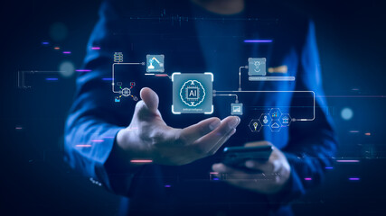 Artificial intelligence (AI) technology concept, big data for machine learning, deep learning, Innovation of the era, Icons on hands developer or businessman.