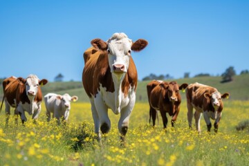 Herd of cows grazing in a meadow on a sunny day, Herd of cow and calf pairs on pasture on the beef cattle ranch, AI Generated - obrazy, fototapety, plakaty