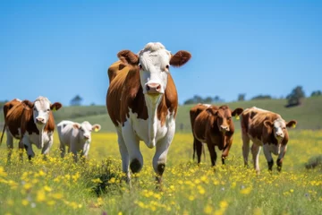 Foto op Plexiglas Herd of cows grazing in a meadow on a sunny day, Herd of cow and calf pairs on pasture on the beef cattle ranch, AI Generated © Ifti Digital