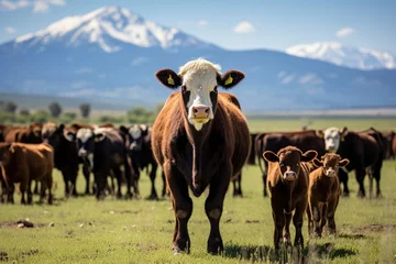  Herd of cows on a meadow in the mountains under blue sky, Herd of cow and calf pairs on pasture on the beef cattle ranch, AI Generated © Ifti Digital
