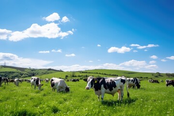 Cows grazing on a green meadow in the mountains under blue sky, Herd of cows in a green meadow below a blue sky in sunlight in spring, AI Generated