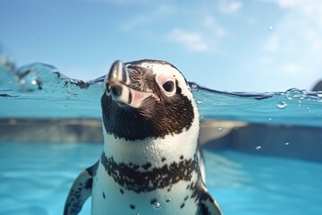 African penguin swims in the water and looks at the camera, Humboldt penguin is swimming in the...