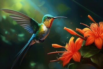 Hummingbird and orange lily flower. Wildlife scene from tropic nature. Hummingbird with tropical...