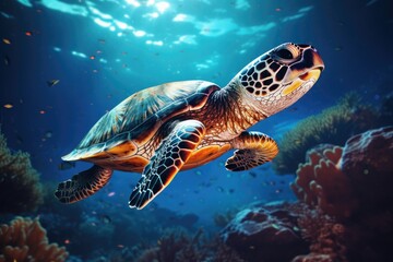 Green sea turtle swimming in the deep blue ocean. Underwater world, Hawksbill Turtle in deep sea, AI Generated - obrazy, fototapety, plakaty