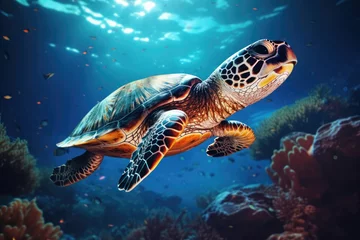 Stoff pro Meter Green sea turtle swimming in the deep blue ocean. Underwater world, Hawksbill Turtle in deep sea, AI Generated © Ifti Digital
