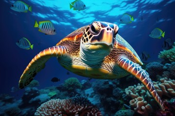 Fototapeta na wymiar Hawaiian Green Sea Turtle Chelonia mydas in the Red Sea, Hawksbill Turtle in deep sea, AI Generated