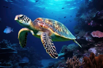 Foto op Canvas Green sea turtle in the coral reef. 3d render illustration, Hawksbill Turtle in deep sea, AI Generated © Ifti Digital