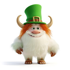 White fluffy monster in full body, wearing green top hat with gold buckle, symbolizing St. Patrick's Day,  isolated on white
