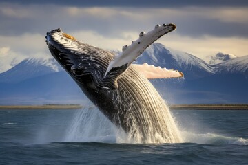 Humpback whale in Patagonia, Argentina, South America, Humpback Whale Megaptera novaeangliae breaching near Husavik City in Iceland, AI Generated - obrazy, fototapety, plakaty