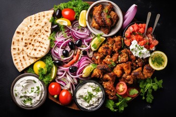 Traditional Middle Eastern cuisine. Assorted meatballs, falafel, pita bread, tzatziki sauce, olives, pickles, pickles, onion rings, parsley, AI Generated