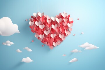 Paper heart on blue sky background. Valentine's Day concept. 3D Rendering, Heart-shaped paper art hanging from the sky on a pastel background, AI Generated