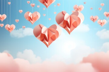 Origami paper hearts hanging on the sky. Valentines day background, Heart-shaped paper art hanging from the sky on a pastel background, AI Generated