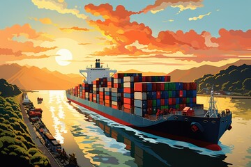Cargo ship in the sea at sunset, vector illustration EPS10, Illustration of a container ship passing through the Panama Canal, AI Generated - obrazy, fototapety, plakaty