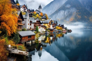 Fotobehang Hallstatt village on the shore of Lake Hallstatter See, Austria, Hallstatt village in Austria, Beautiful village in the mountain valley near the lake, AI Generated © Ifti Digital