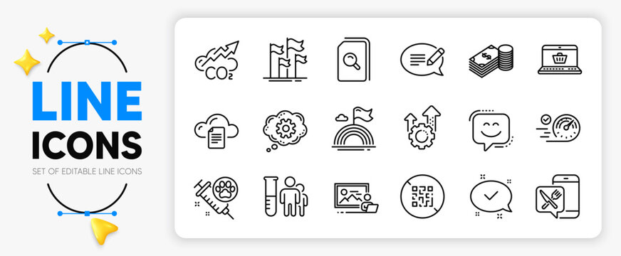 Seo gear, Flags and Speedometer line icons set for app include Food app, Message, Search files outline thin icon. Medical analyzes, File storage, Online shopping pictogram icon. Qr code. Vector