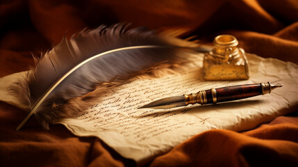 a classic writing scene, rich in historical charm. A large feather quill and an ornate ink bottle are central to the scene. Elegant cursive writing on parchment, though specifics are unclear.
