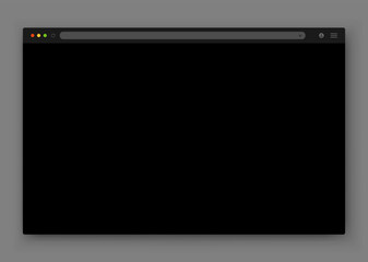 The design of the web browser window in black on a dark gray background. An empty website layout with a search bar and buttons. Vector EPS 10.