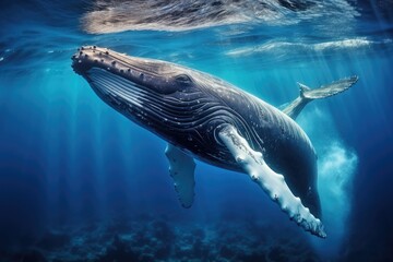 Humpback whale in the deep blue ocean. Underwater photography, Humpback whale gracefully swimming in the deep blue ocean, captured through underwater photography, AI Generated