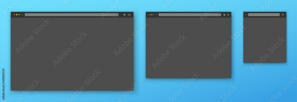 Poster browser windows. a set of realistic empty gray browser windows of different shapes with a toolbar, a
