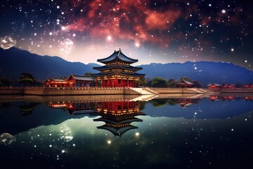 Night view of Gyeongbokgung Palace, South Korea, Gyeongbokgung palace and Milky Way in Seoul, South Korea, AI Generated - obrazy, fototapety, plakaty