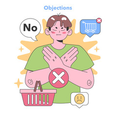A skeptical character crosses arms, signaling 'No' to a shopping cart, symbolizing consumer hesitation. Flat vector illustration