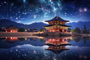 Night view of Gyeongbokgung Palace in South Korea, Gyeongbokgung palace and Milky Way in Seoul, South Korea, AI Generated - obrazy, fototapety, plakaty