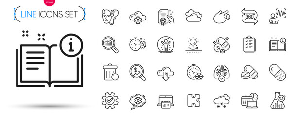 Pack of Service, Capsule pill and Calendar line icons. Include Work time, Cloud download, Sun protection pictogram icons. Checklist, 360 degree, Freezing timer signs. Cloud computing. Vector