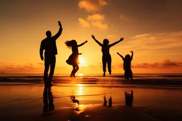 Fotobehang Strand zonsondergang Silhouette of happy family jumping on the beach at beautiful sunset, Happy family jumping together on the beach silhouette, AI Generated