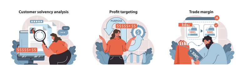 Retail Profit Plan set. Evaluating customer solvency, setting profit goals, and calculating trade margins. Insightful financial assessments for informed business strategies. Flat vector illustration.